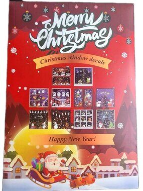 Christmas Window Decals Double Sided Print Plastic Peels Off 9 Sheets